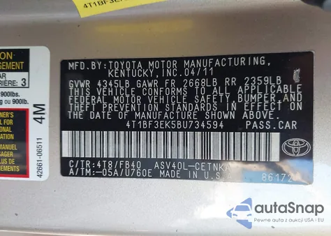 2011 Toyota Camry Le from USA, damaged, VIN 4T1BF3EK5BU734594